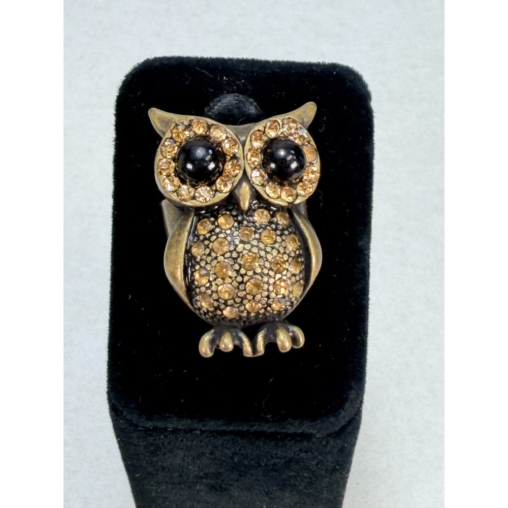 Vintage Style Owl Cocktail Ring Amber Rhinestones Bronze Tone Statement Adjust